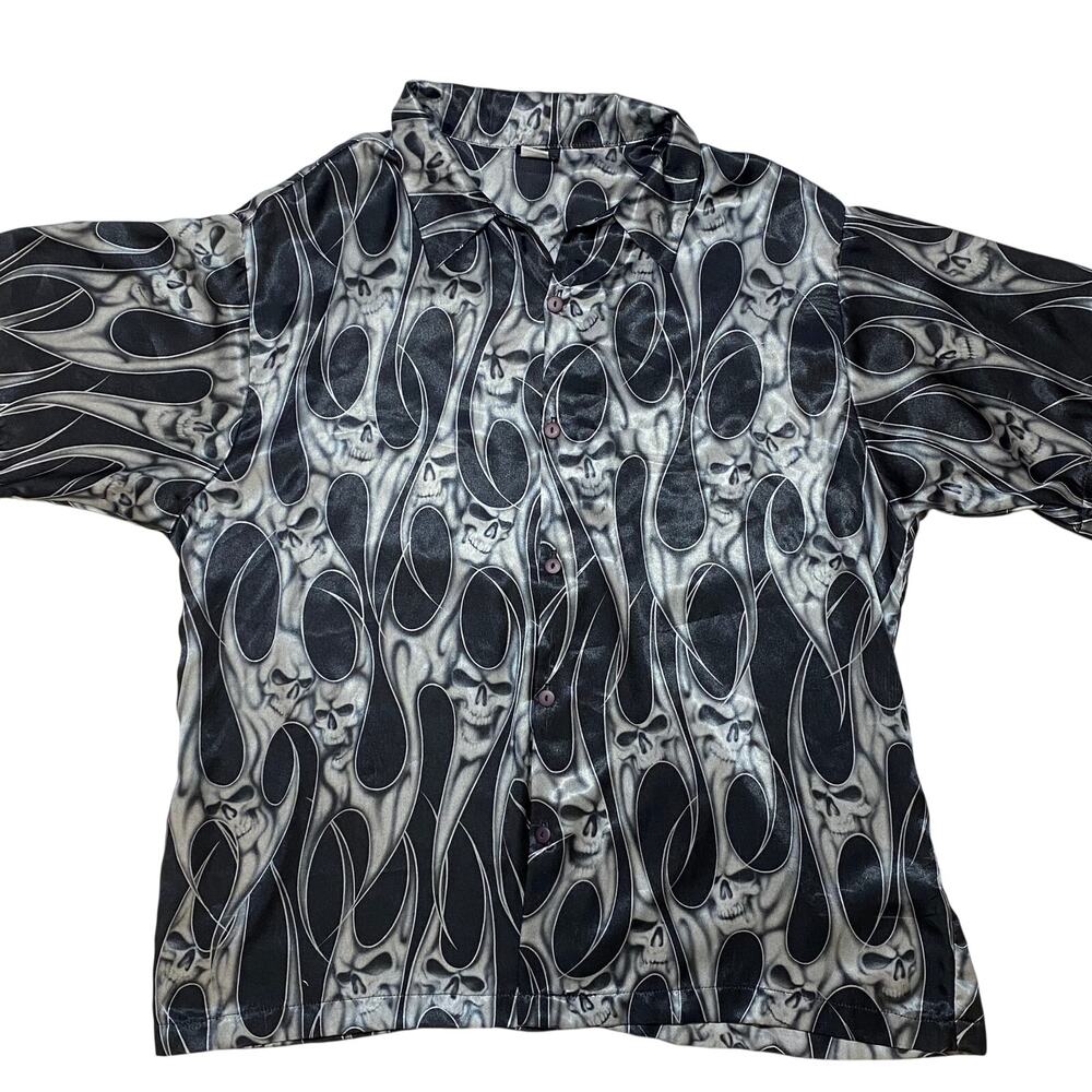 DMC Vintage Button-Down Shirt Mens XXL Black Metallic Silver Flames Skulls Y2K